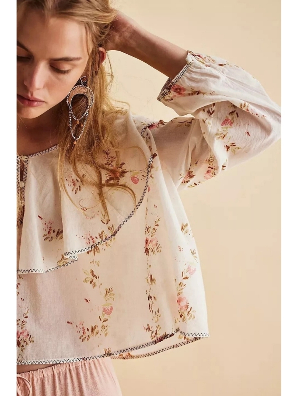Free People Camilla Printed Blouse White Floral Ruffle Blouse with Pink Accents